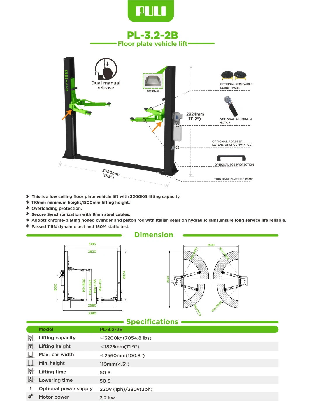 Puli Hydraulic Two Post Car Lift Car Elevator Floor Cover Plate Car Lift Two Post Pl-3.2-2b